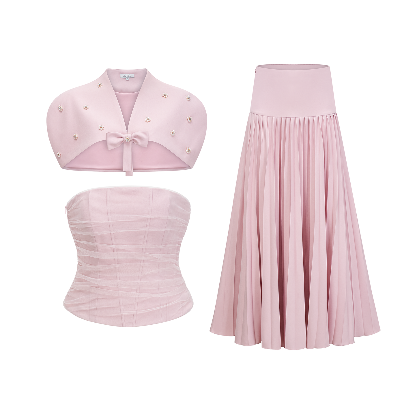Conjunto de Chal Rosa, Corsé y Falda Plisada Priscille