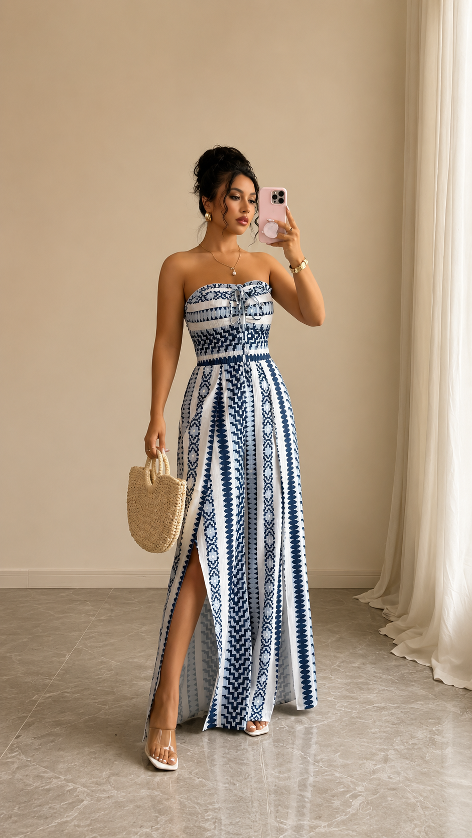 Luisa | Jumpsuit geométrico con cuello halter y abertura lateral
