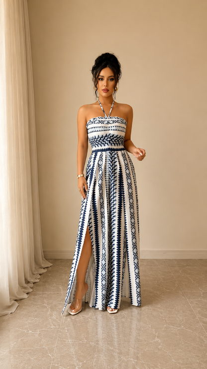 Luisa | Jumpsuit geométrico con cuello halter y abertura lateral