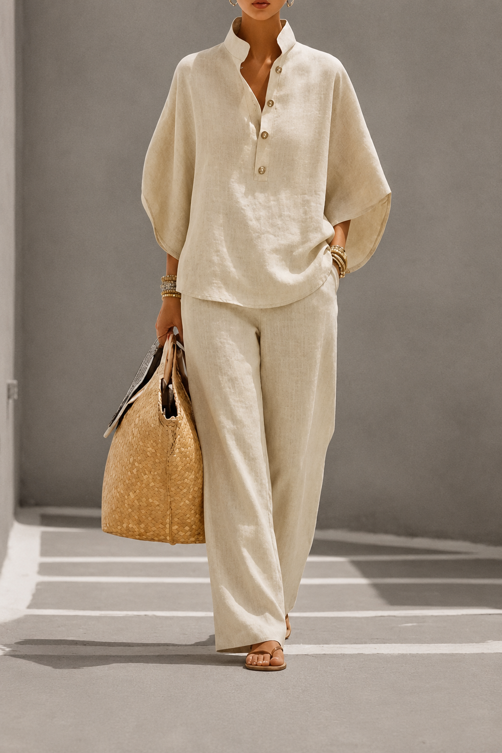 Maribel™ | Conjunto de lino con mangas murciélago y pantalones anchos